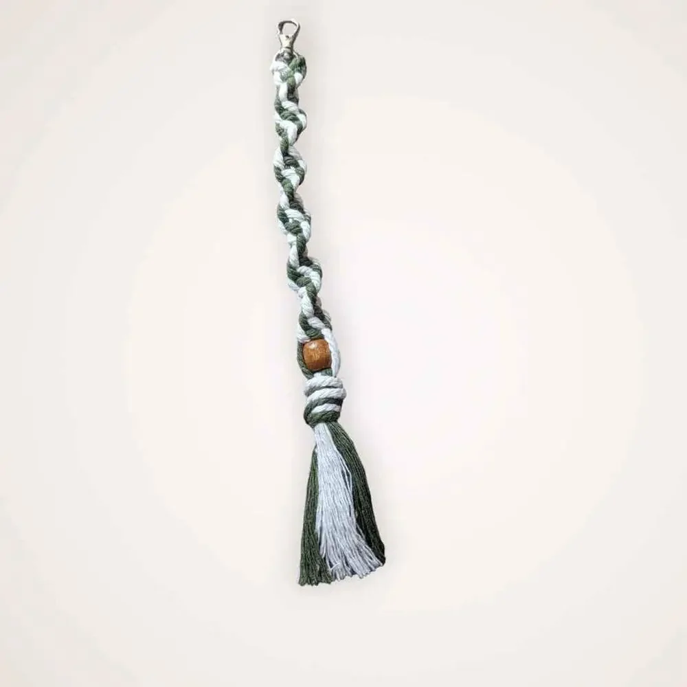 Beige & Army Green Macrame Keychain with Swivel Clasp 10 in. Handmade